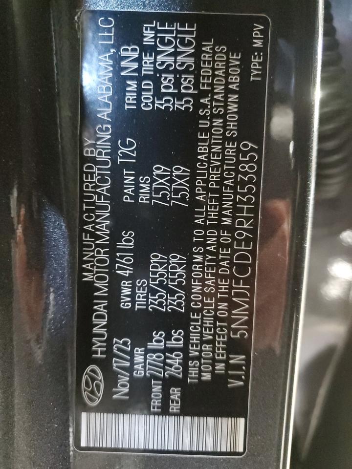 2024 Hyundai Tucson VIN 5NMJFCDE9RH353859 Copart auction photo, rear end / side damage thumbnail 13