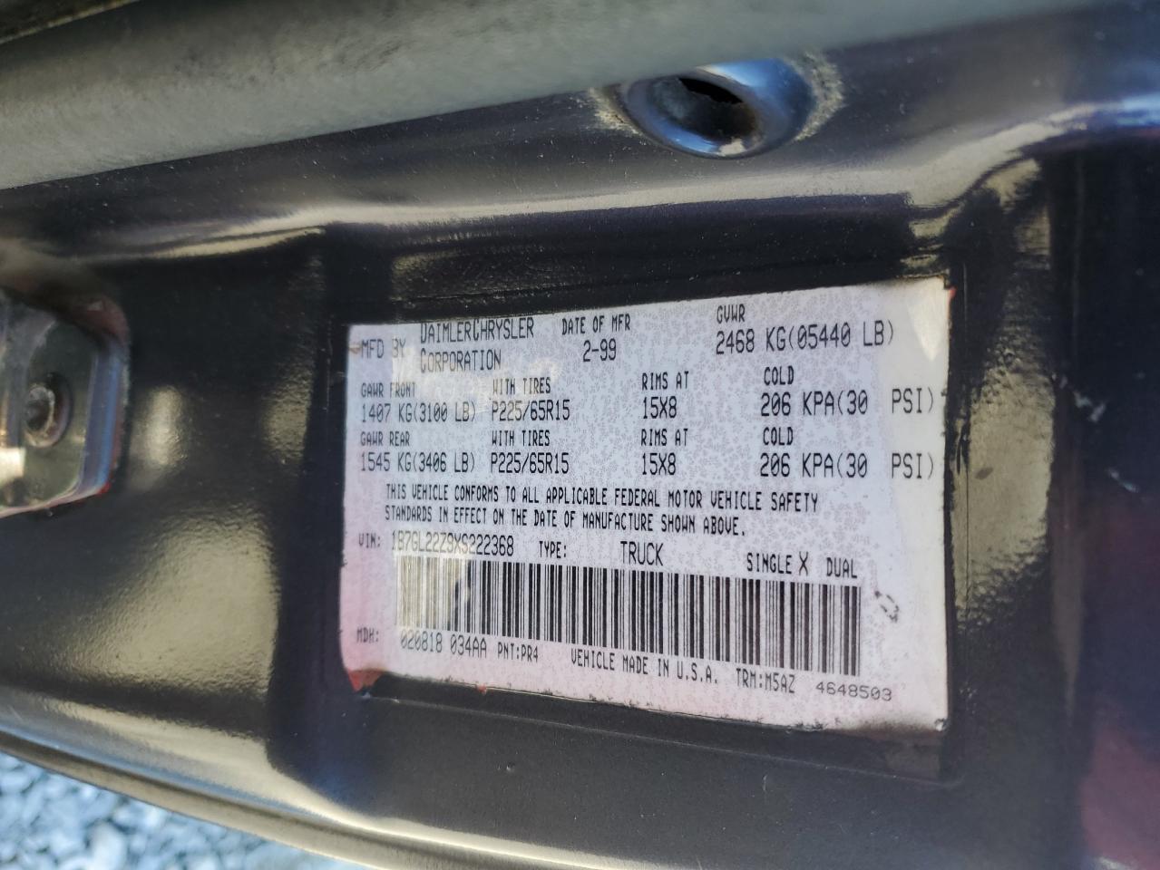 1999 Dodge Dakota VIN 1B7GL22Z9XS222368 Copart auction photo, all over damage thumbnail 13