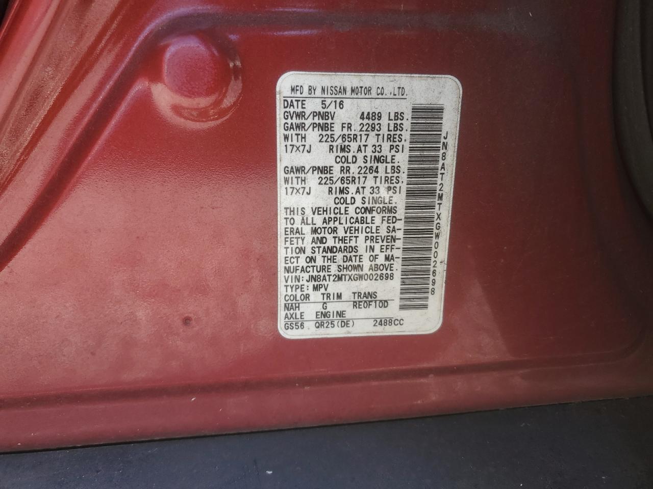 2016 Nissan Rogue VIN JN8AT2MTXGW002698 Copart auction photo, front end damage thumbnail 15