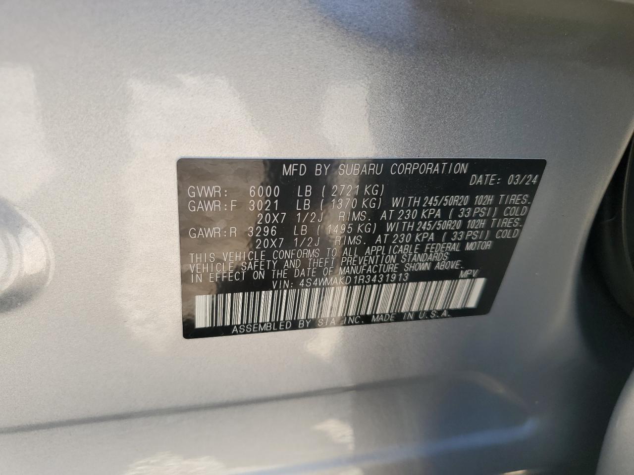 2024 Subaru Ascent VIN 4S4WMAKD1R3431913 Copart auction photo, rear end / front end damage thumbnail 13