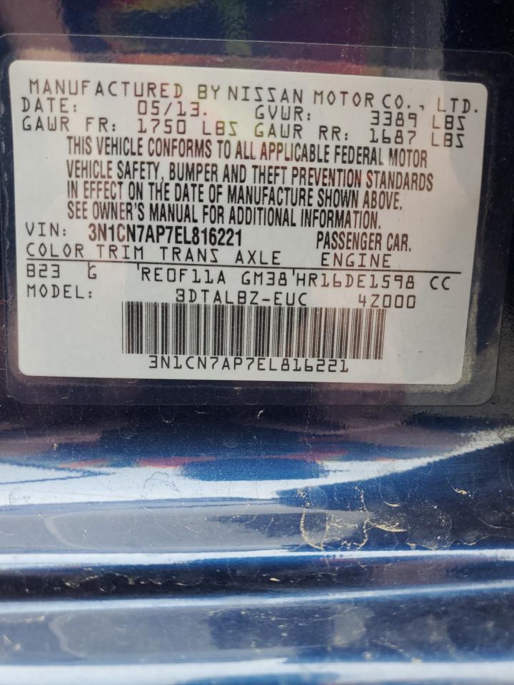 2014 Nissan Versa VIN 3N1CN7AP7EL816221 Copart auction photo, front end damage thumbnail 12