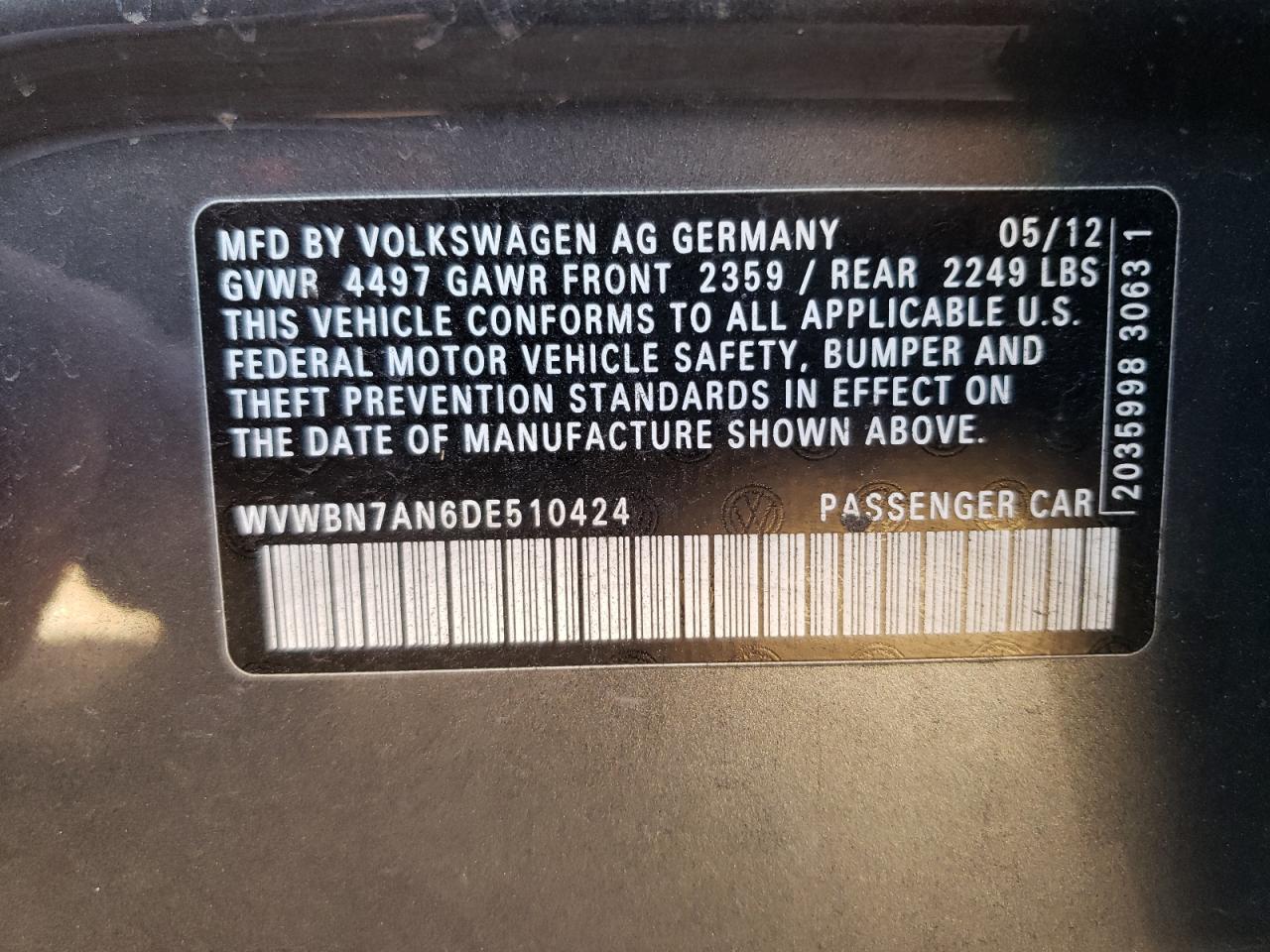 2013 Volkswagen Passat CC VIN WVWBN7AN6DE510424 Copart auction photo, front end / rear end damage thumbnail 14