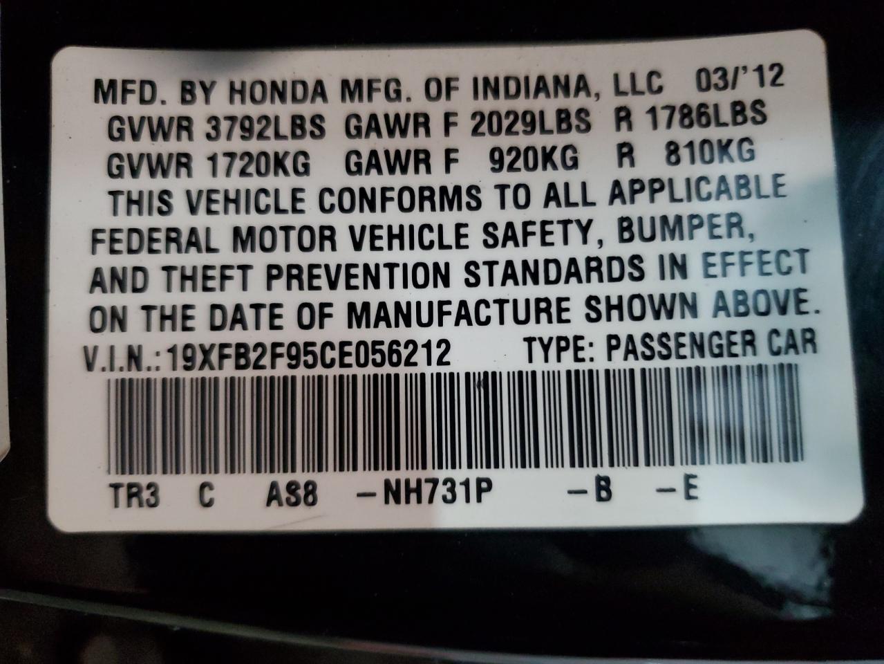 2012 Honda Civic VIN 19XFB2F95CE056212 Copart auction photo, front end damage thumbnail 13