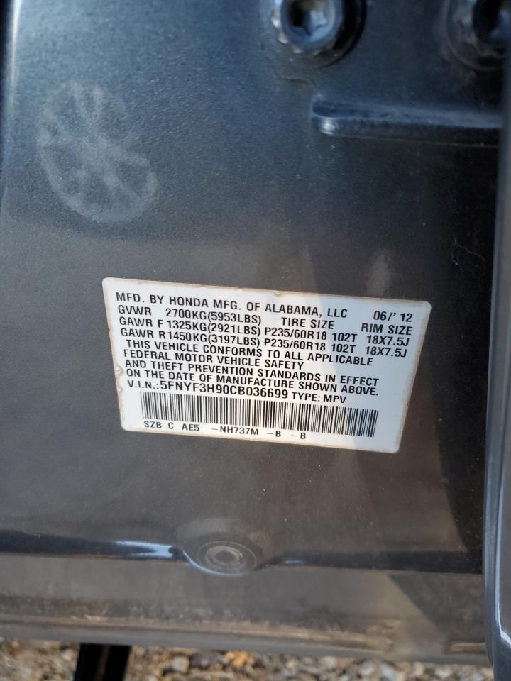 2012 Honda Pilot VIN 5FNYF3H90CB036699 Copart auction photo, front end / undercarriage damage thumbnail 16