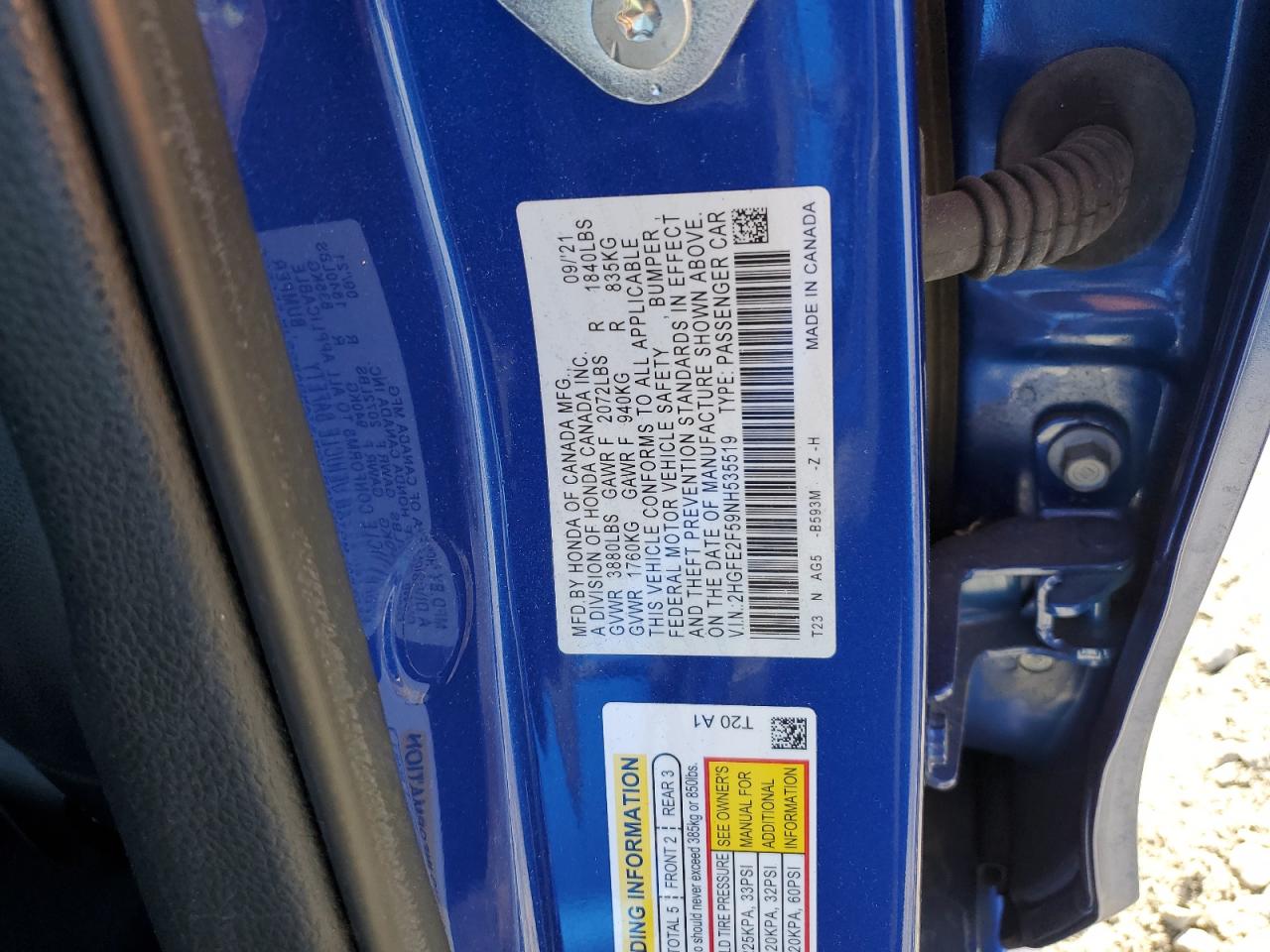 2022 Honda Civic VIN 2HGFE2F59NH535519 Copart auction photo, front end damage thumbnail 14