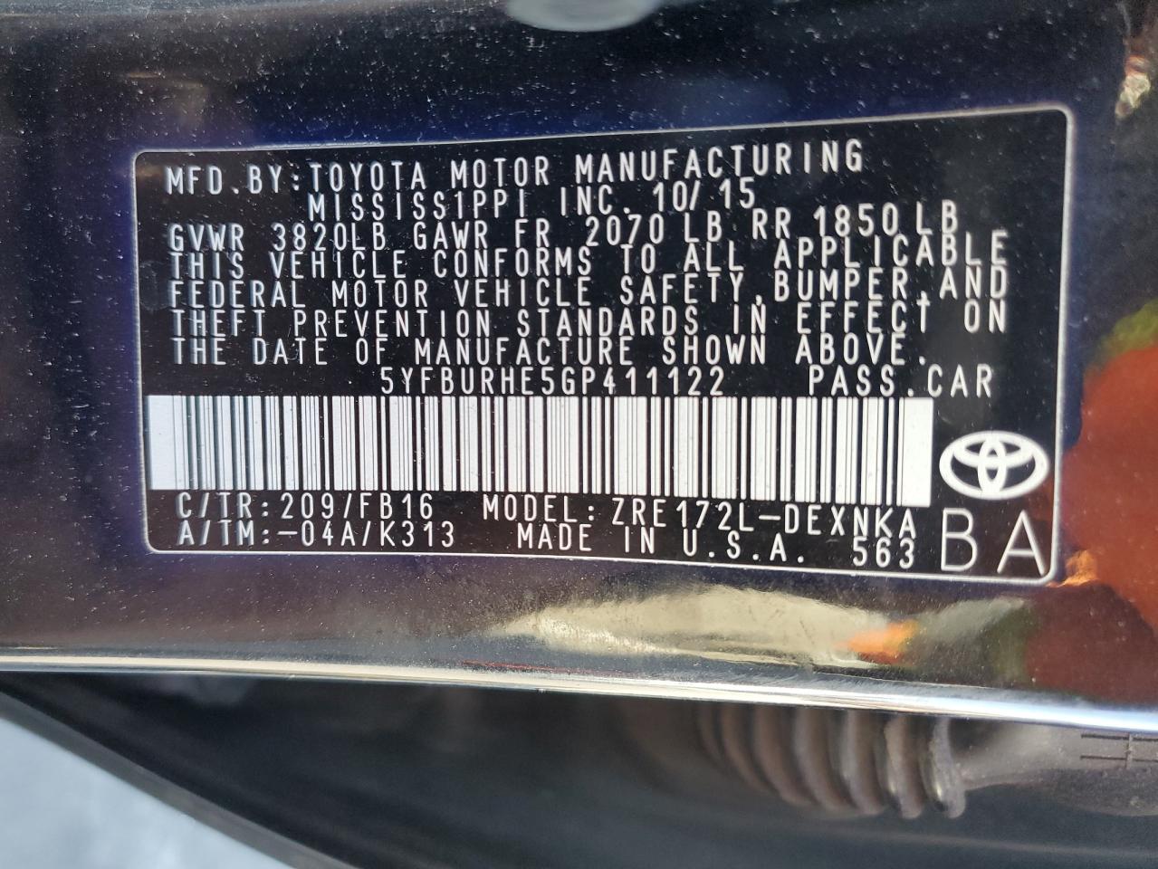 2016 Toyota Corolla VIN 5YFBURHE5GP411122 Copart auction photo, rear end damage thumbnail 14