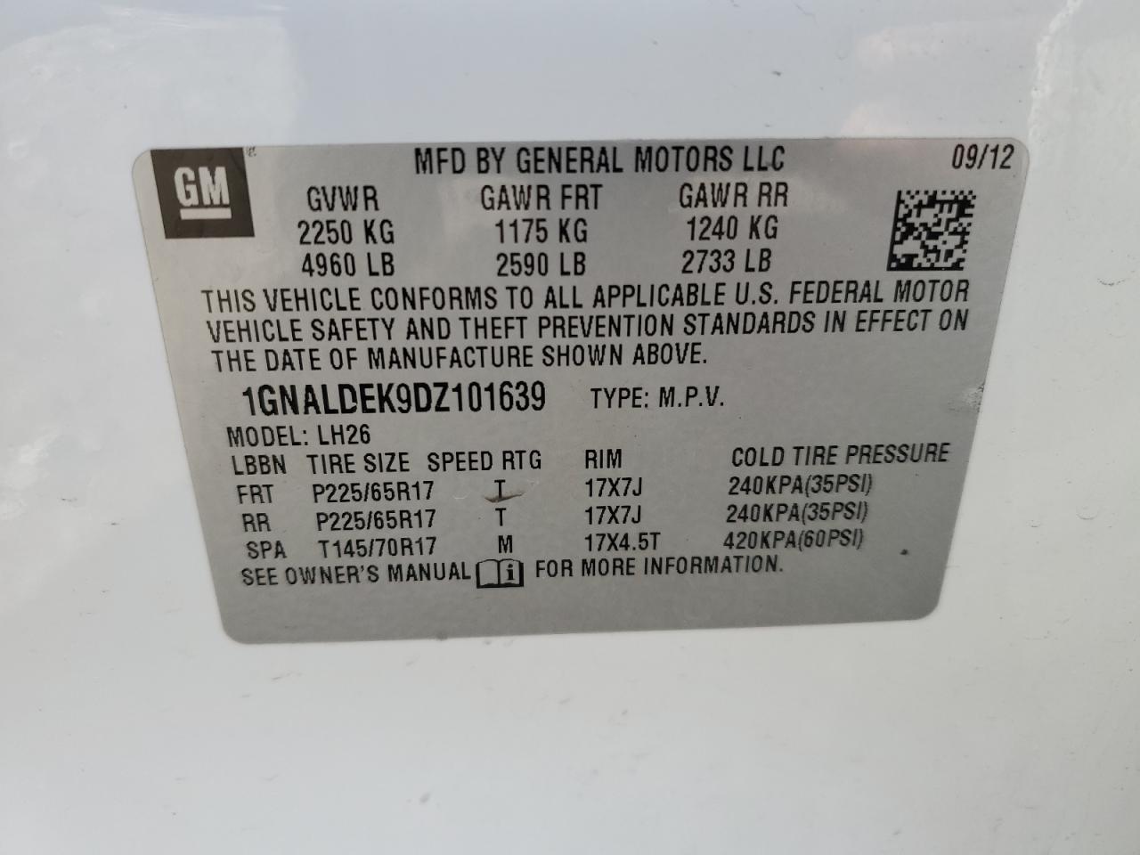 2013 Chevrolet Equinox VIN 1GNALDEK9DZ101639 Copart auction photo, front end damage thumbnail 12