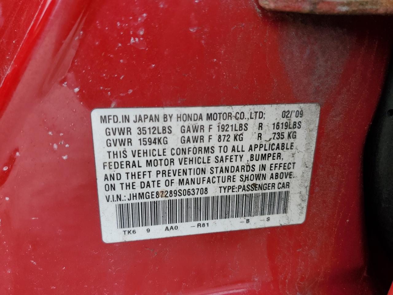 2009 Honda Fit VIN JHMGE87289S063708 Copart auction photo, rear end / side damage thumbnail 13