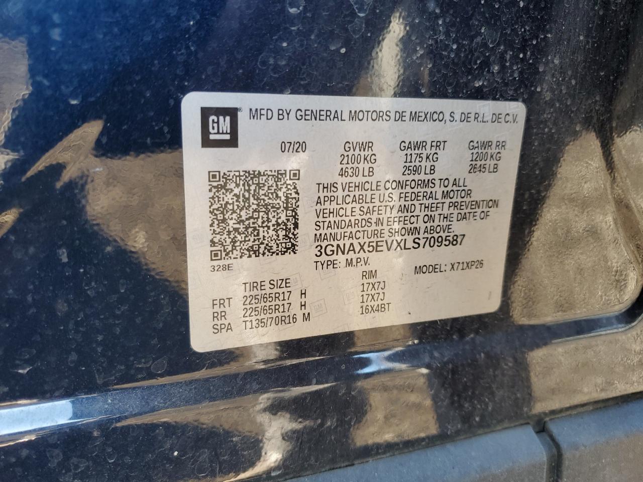 2020 Chevrolet Equinox VIN 3GNAX5EVXLS709587 Copart auction photo, front end damage thumbnail 13