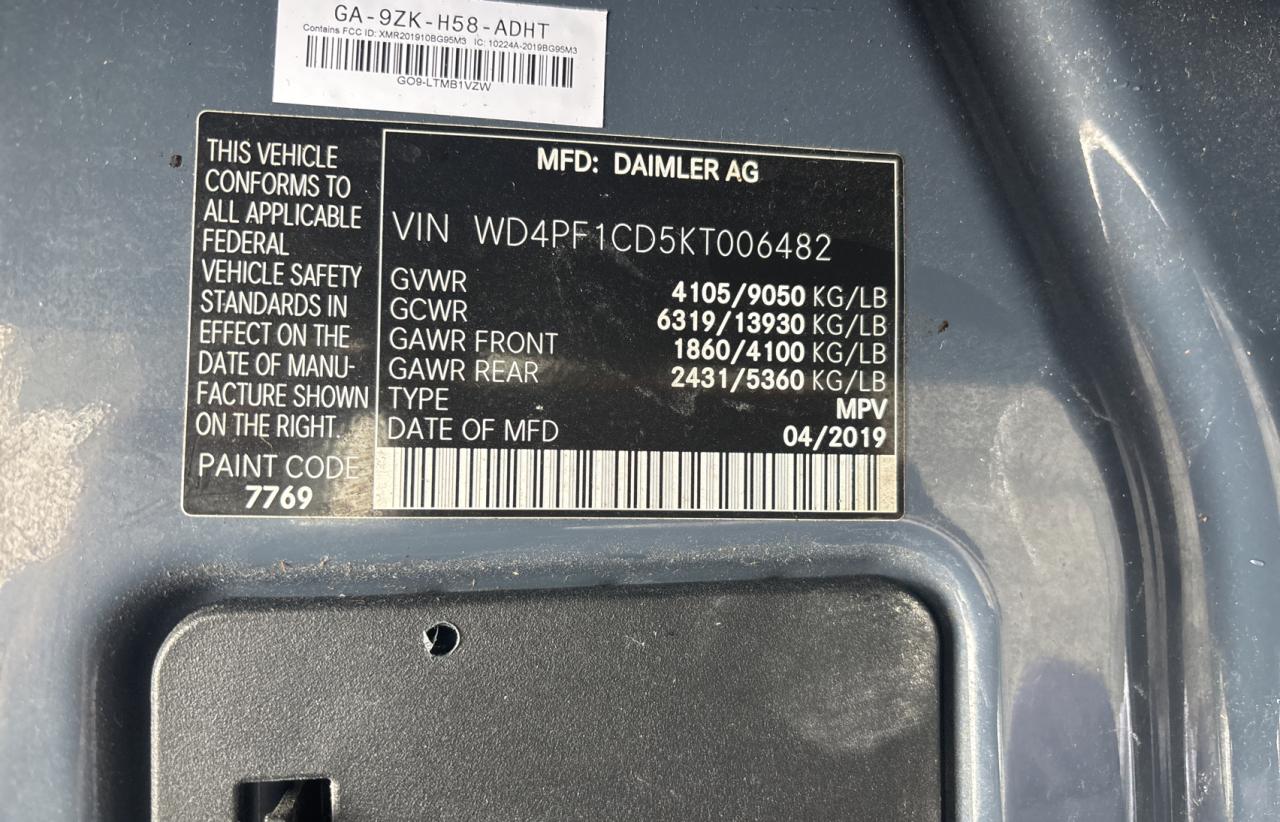 2019 Mercedes-Benz Sprinter VIN WD4PF1CD5KT006482 Copart auction photo, normal wear / minor dent/scratches damage thumbnail 10