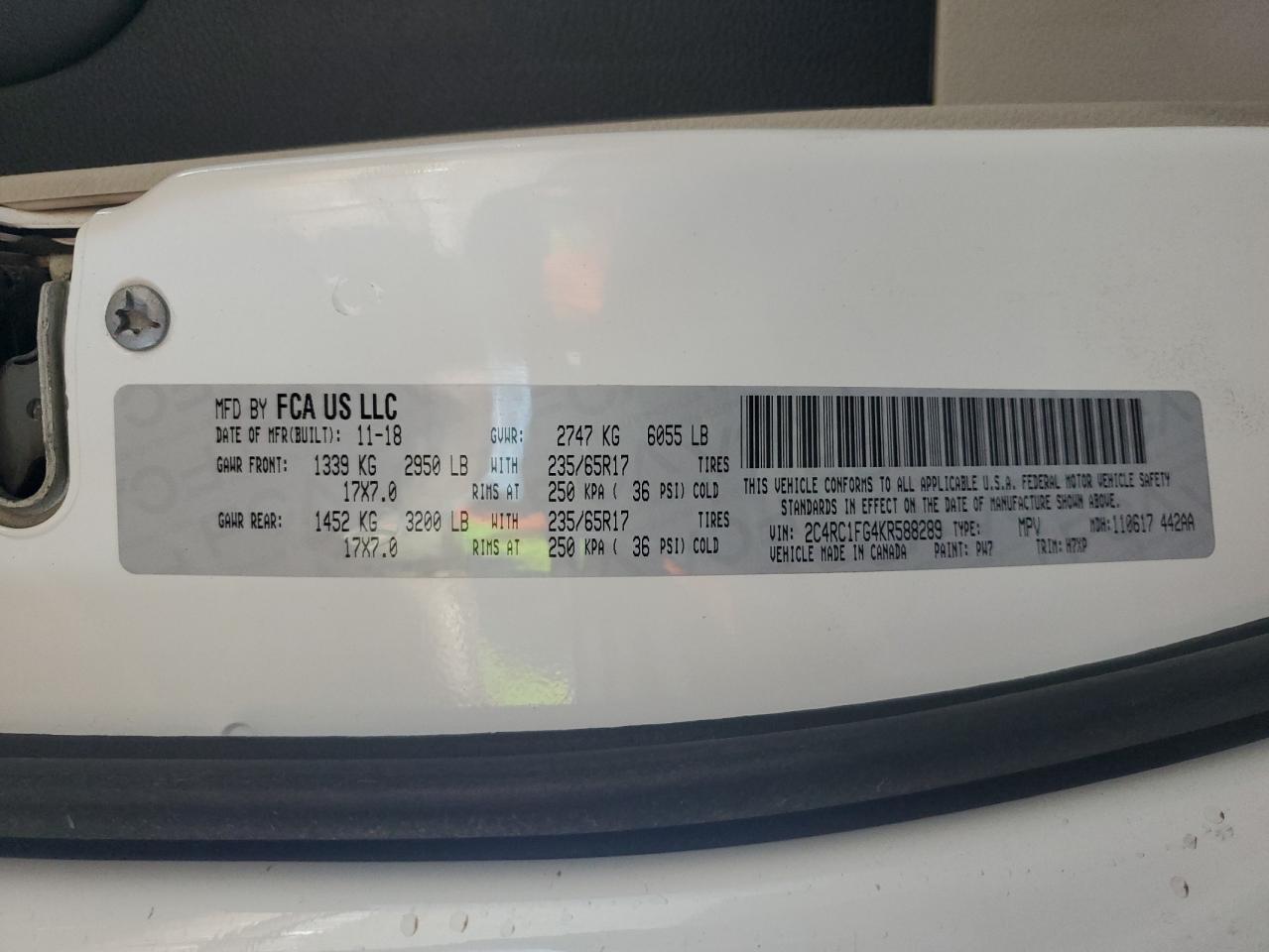 2019 Chrysler Pacifica VIN 2C4RC1FG4KR588289 Copart auction photo, front end damage thumbnail 14