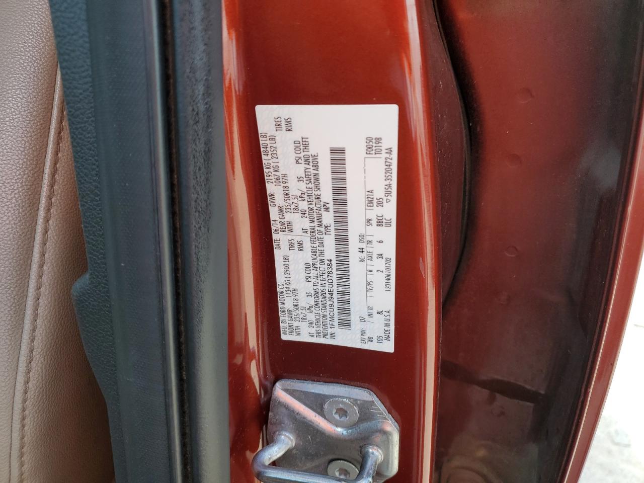2014 Ford Escape VIN 1FMCU9J94EUD78384 Copart auction photo, front end / normal wear damage thumbnail 13