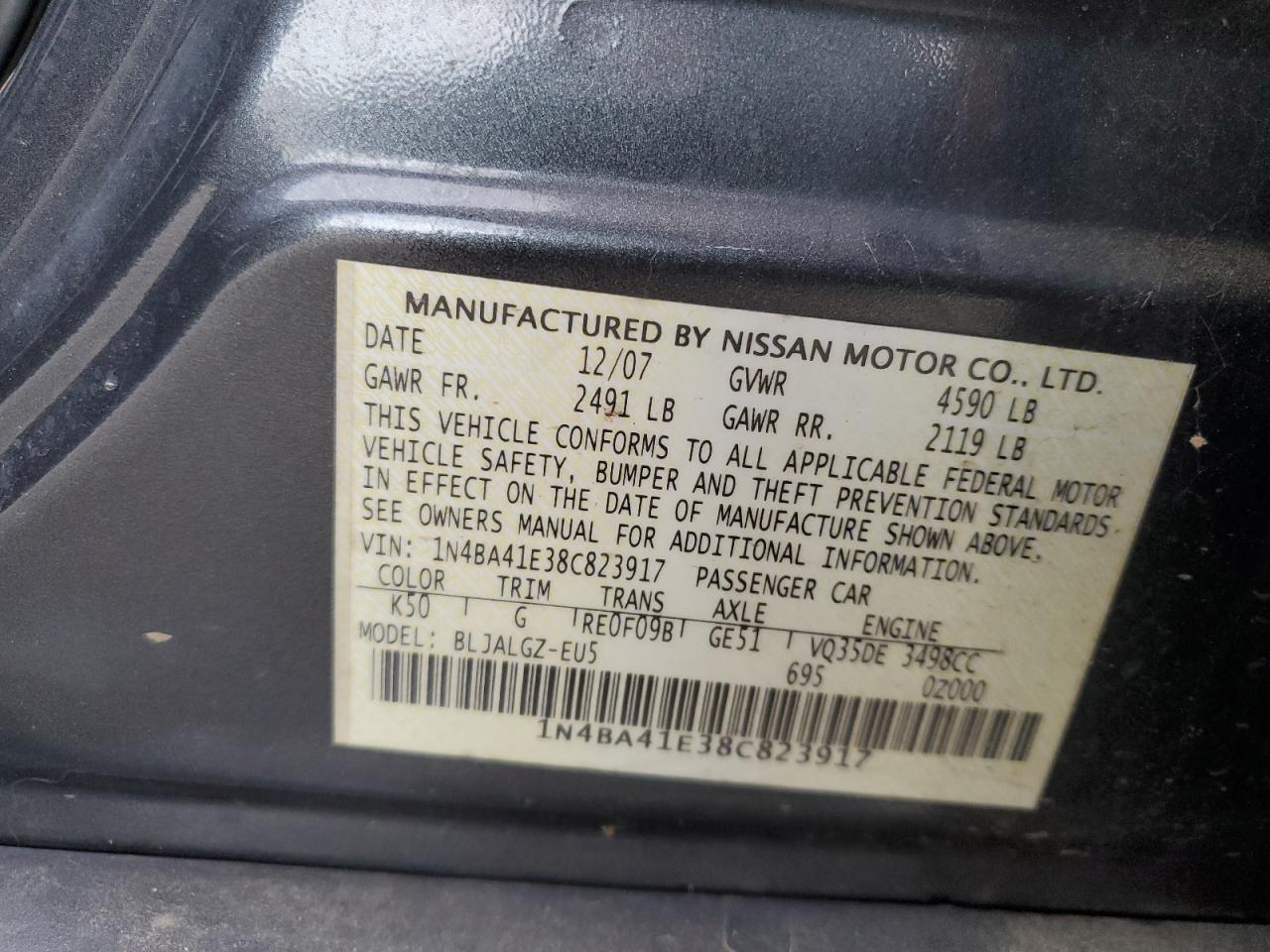 2008 Nissan Maxima VIN 1N4BA41E38C823917 Copart auction photo, frame damage / front end damage thumbnail 12