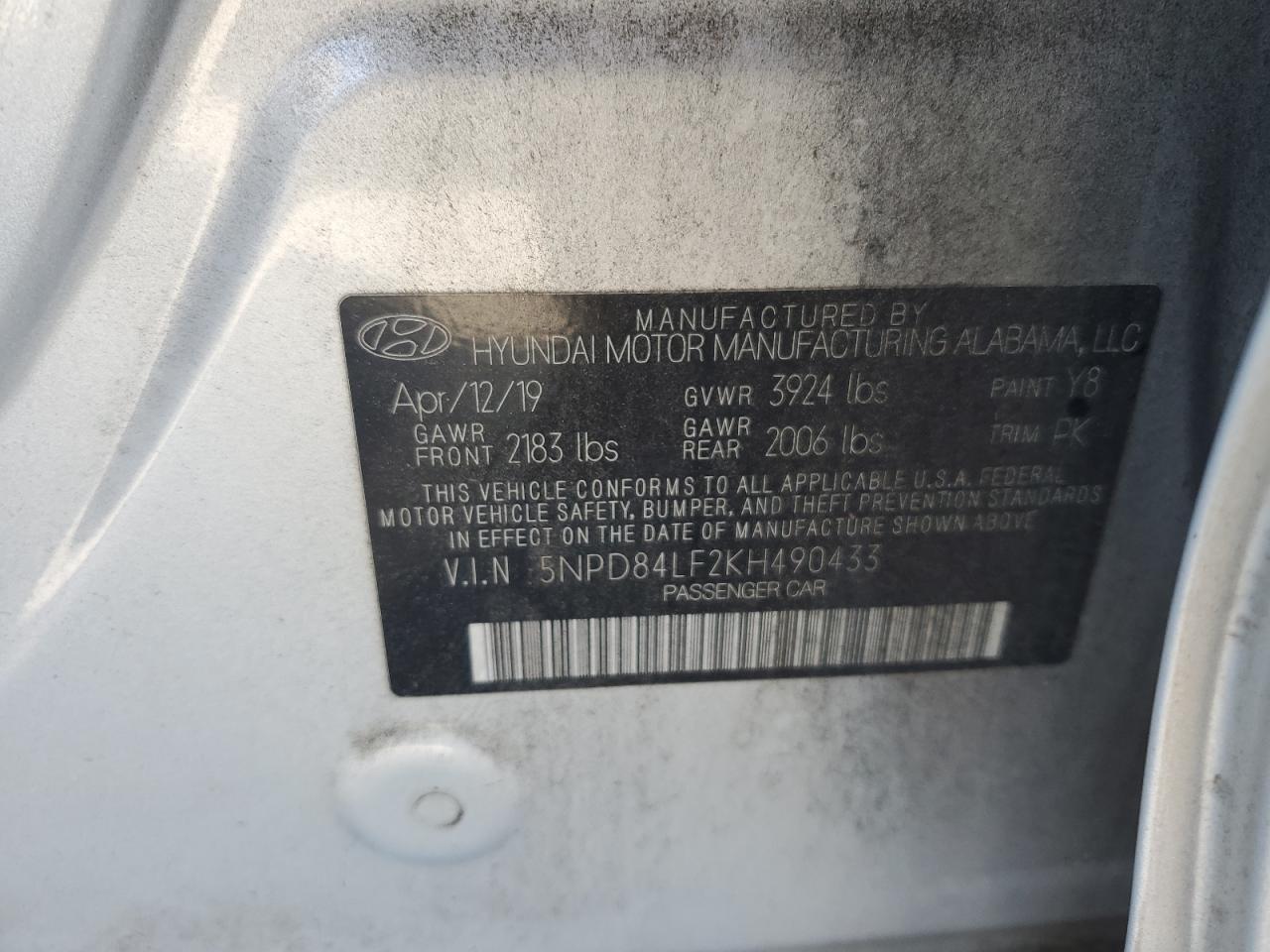 2019 Hyundai Elantra VIN 5NPD84LF2KH490433 Copart auction photo, rear end damage thumbnail 12