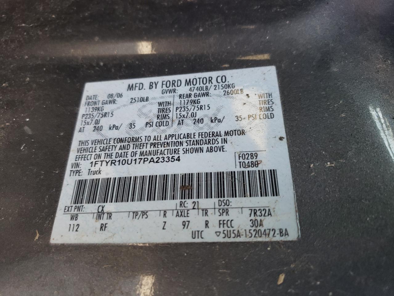 2007 Ford Ranger VIN 1FTYR10U17PA23354 Copart auction photo, front end damage thumbnail 12