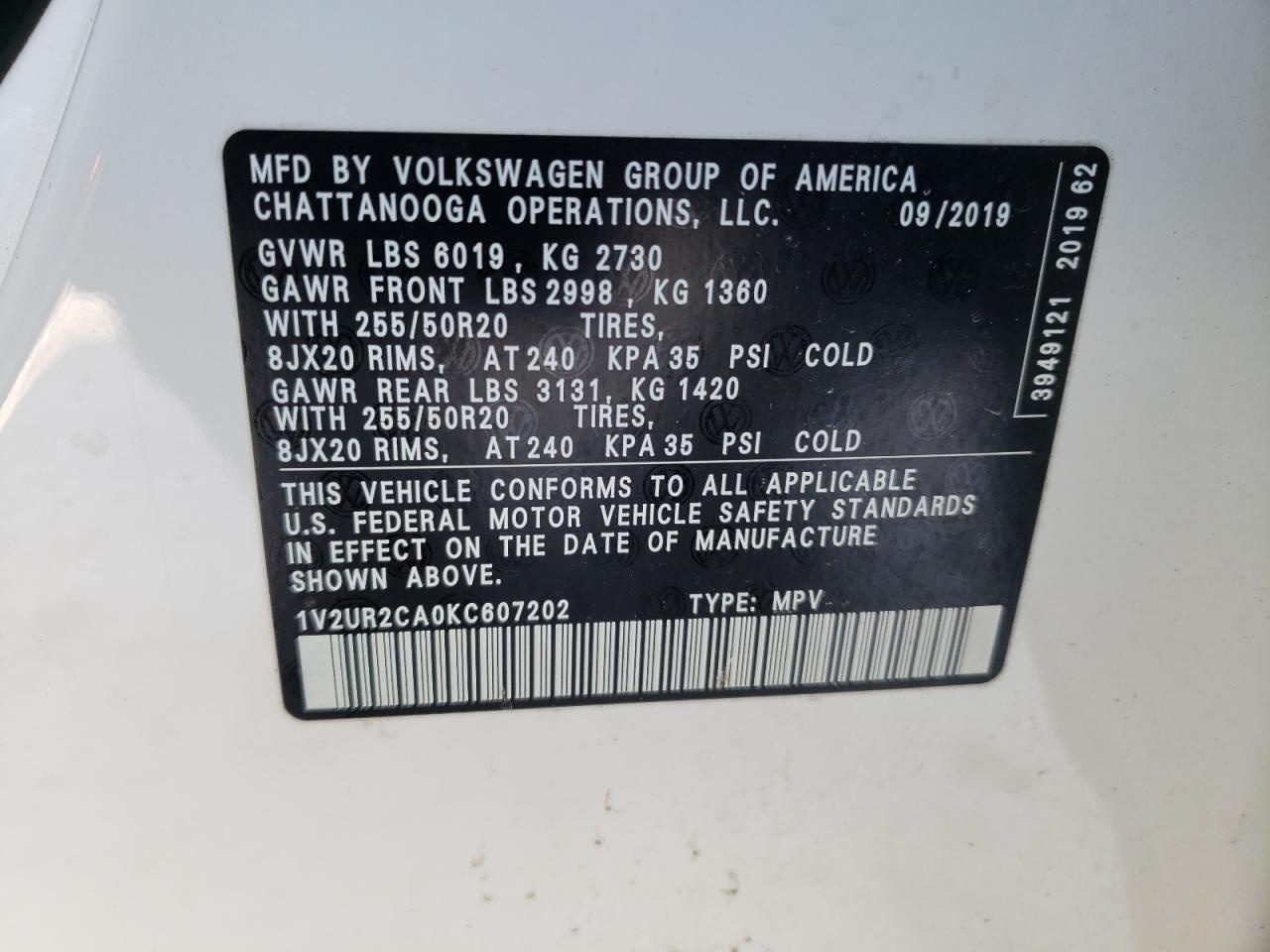 2019 Volkswagen Atlas VIN 1V2UR2CA0KC607202 Copart auction photo, rear end / undercarriage damage thumbnail 14