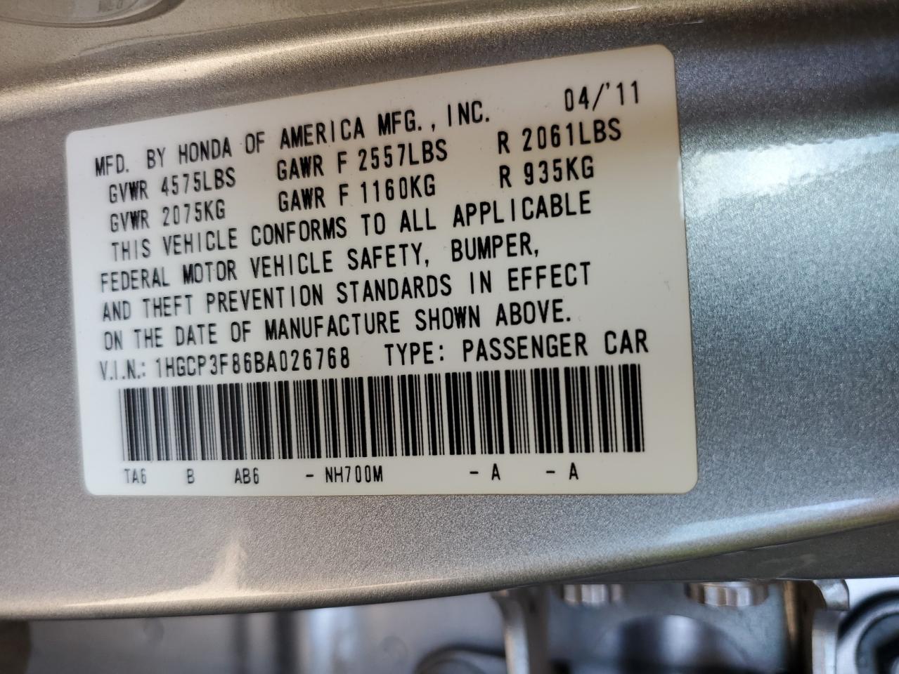 2011 Honda Accord VIN 1HGCP3F86BA026768 Copart auction photo, front end damage thumbnail 12