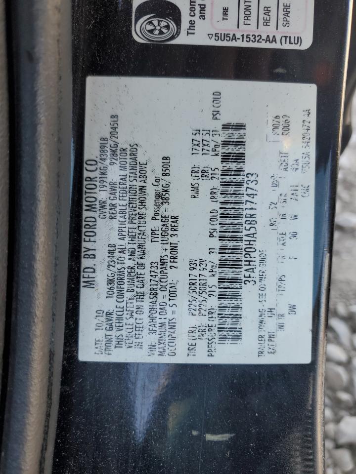 2011 Ford Fusion VIN 3FAHP0HA5BR174733 Copart auction photo, side damage thumbnail 12