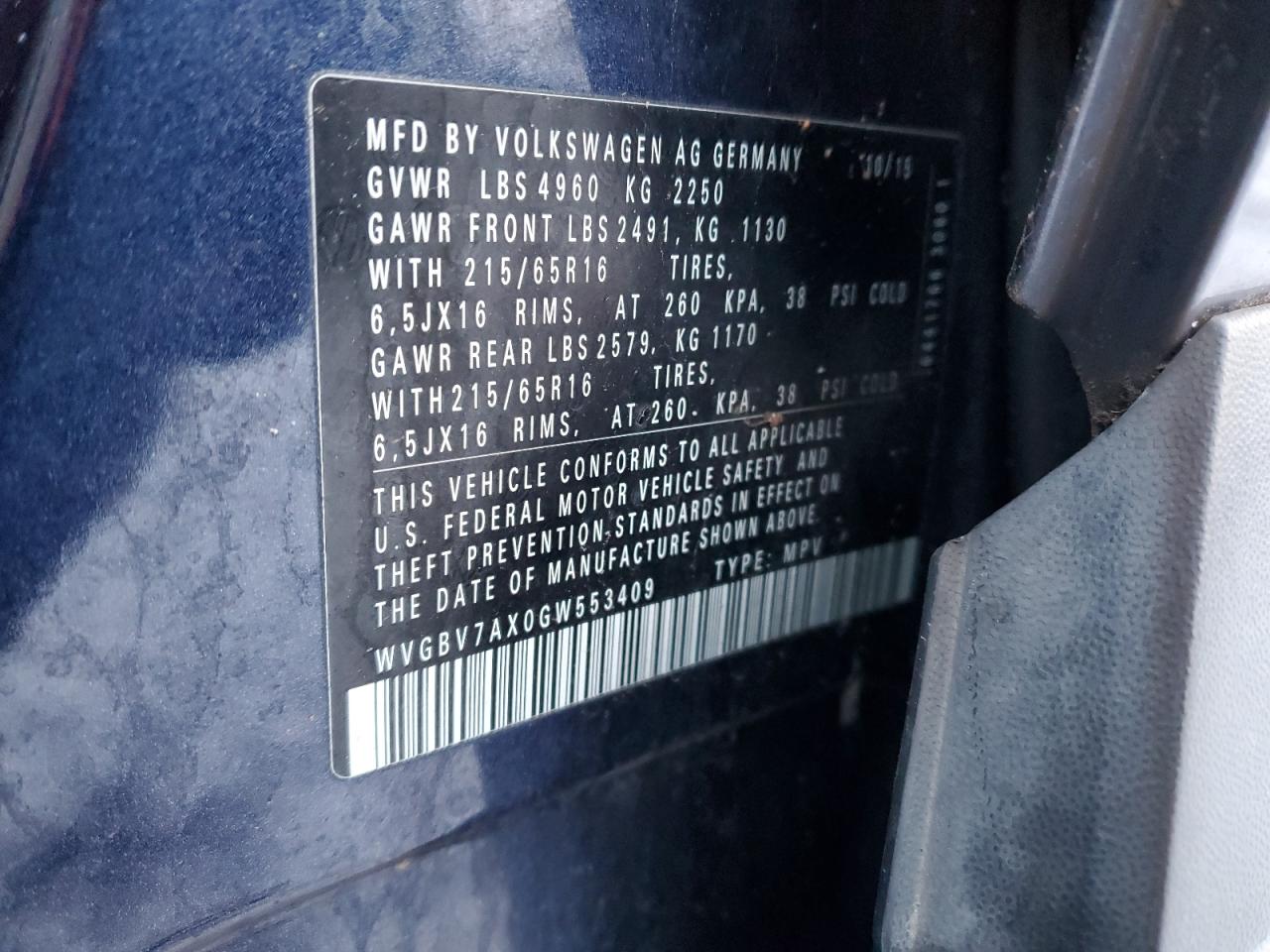 2016 Volkswagen Tiguan VIN WVGBV7AX0GW553409 Copart auction photo, rear end damage thumbnail 14