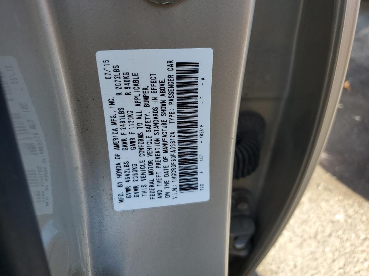 2015 Honda Accord VIN 1HGCR3F80FA038124 Copart auction photo, rear end damage thumbnail 12