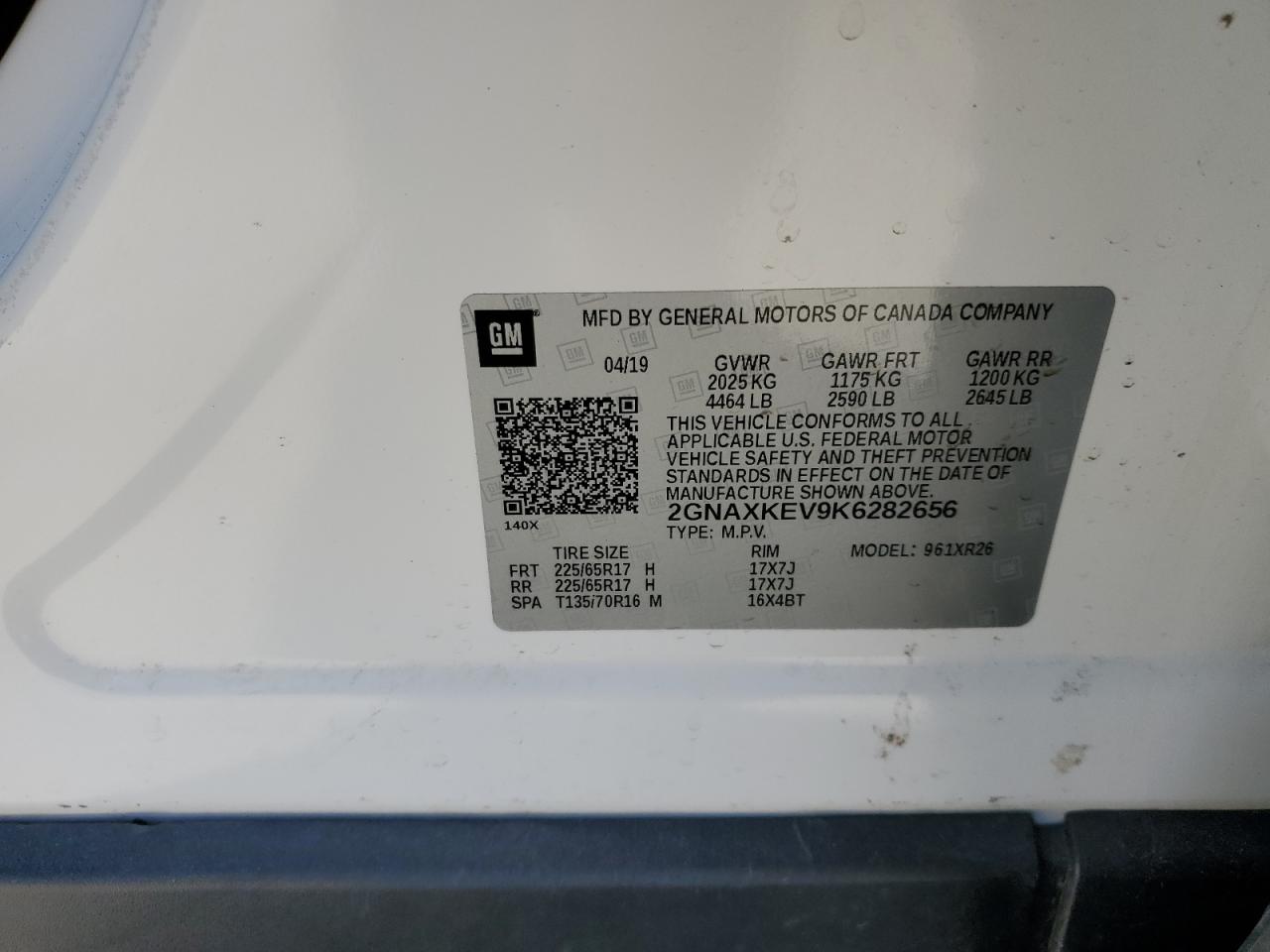 2019 Chevrolet Equinox VIN 2GNAXKEV9K6282656 Copart auction photo, rear end damage thumbnail 16