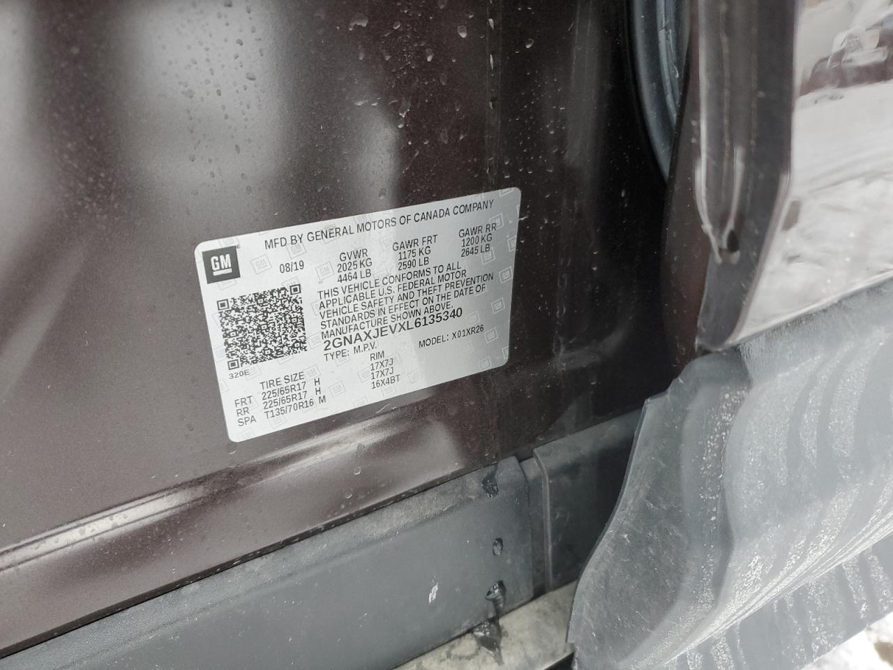 2020 Chevrolet Equinox VIN 2GNAXJEVXL6135340 Copart auction photo, front end damage thumbnail 12