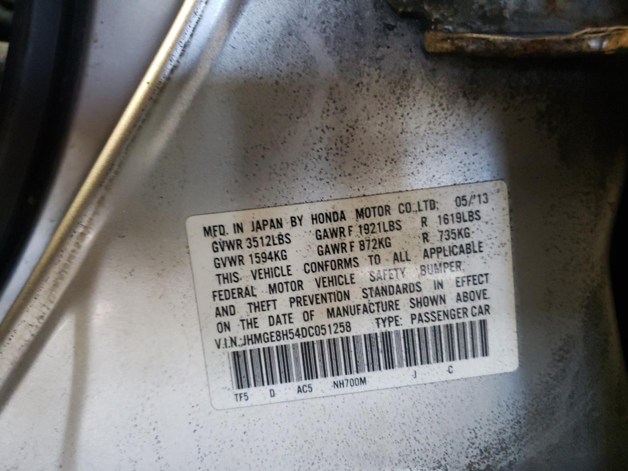 2013 Honda Fit VIN JHMGE8H54DC051258 Copart auction photo, front end damage thumbnail 15