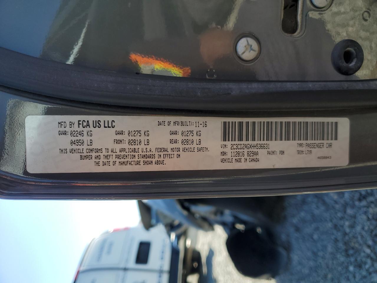 2017 Dodge Challenger VIN 2C3CDZAGXHH536631 Copart auction photo, front end damage thumbnail 13