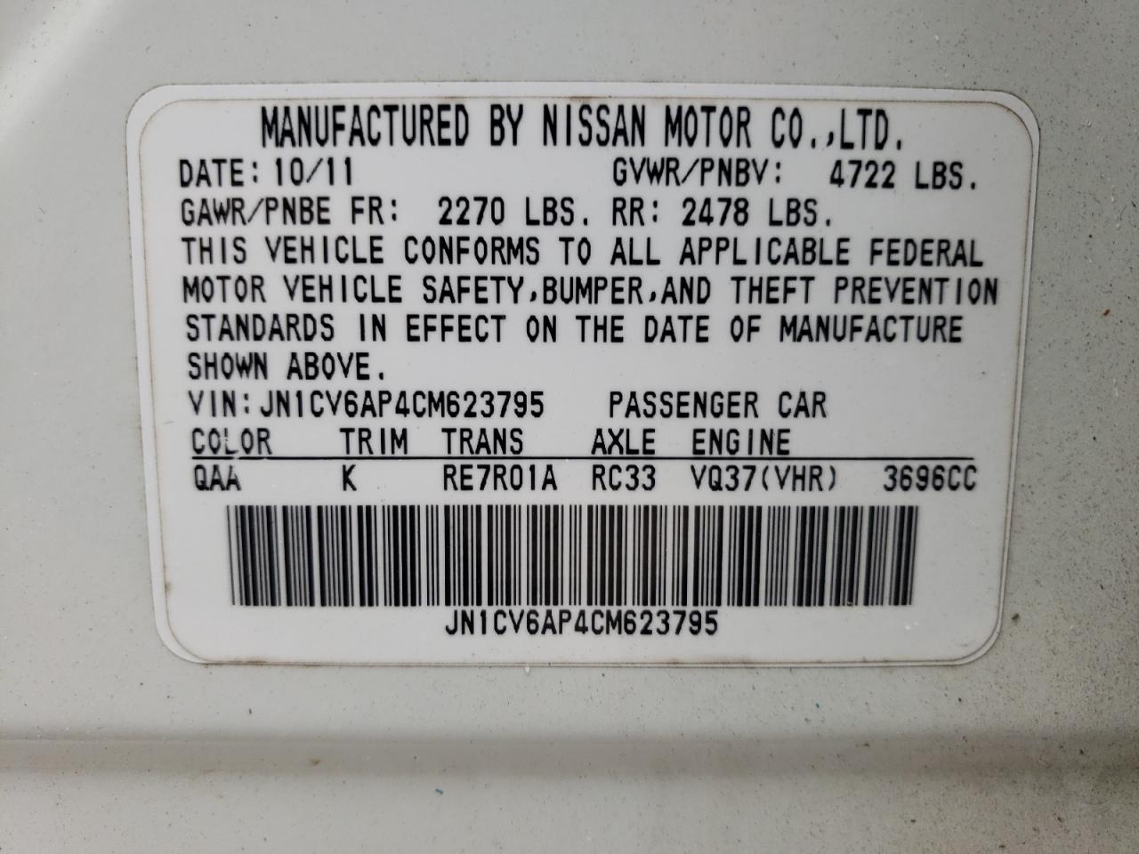 2012 Infiniti G VIN JN1CV6AP4CM623795 Copart auction photo, minor dent/scratches damage thumbnail 12