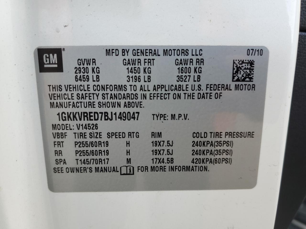 2011 GMC Acadia VIN 1GKKVRED7BJ149047 Copart auction photo, minor dent/scratches damage thumbnail 13