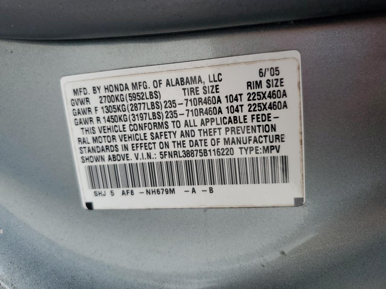 2005 Honda Odyssey VIN 5FNRL38875B116220 Copart auction photo, front end damage thumbnail 16