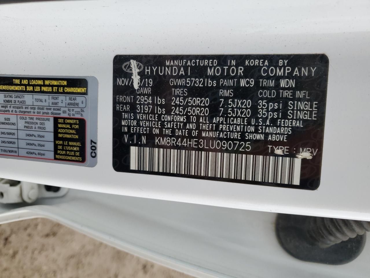 2020 Hyundai Palisade VIN KM8R44HE3LU090725 Copart auction photo, front end damage thumbnail 13
