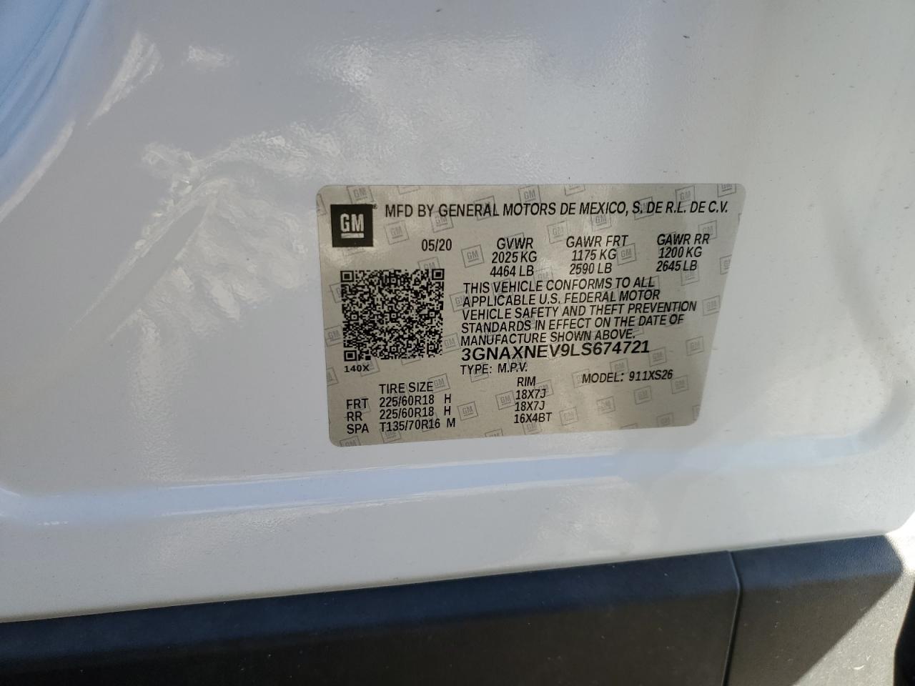 2020 Chevrolet Equinox VIN 3GNAXNEV9LS674721 Copart auction photo, all over damage thumbnail 10