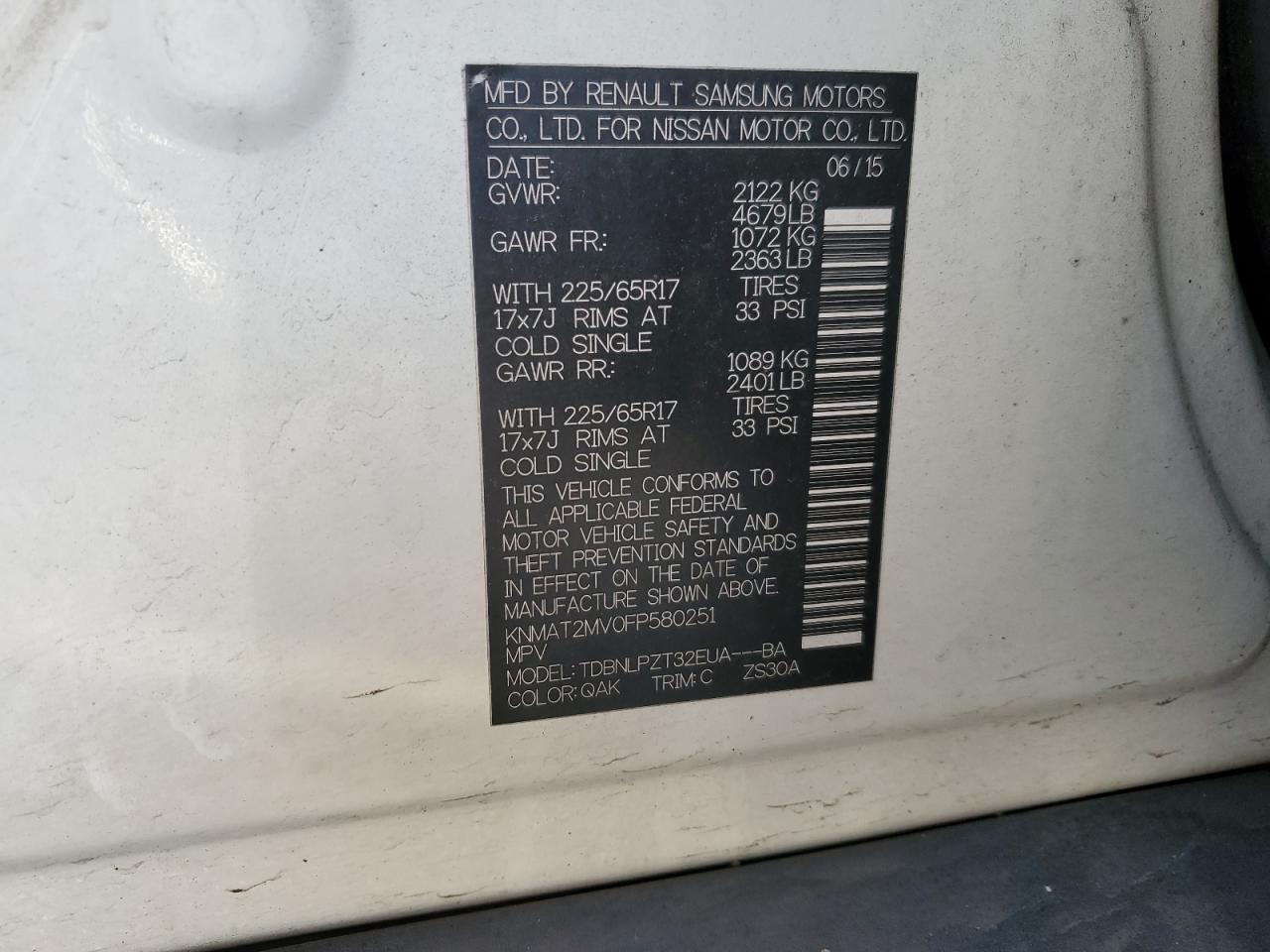 2015 Nissan Rogue VIN KNMAT2MV0FP580251 Copart auction photo, front end damage thumbnail 15