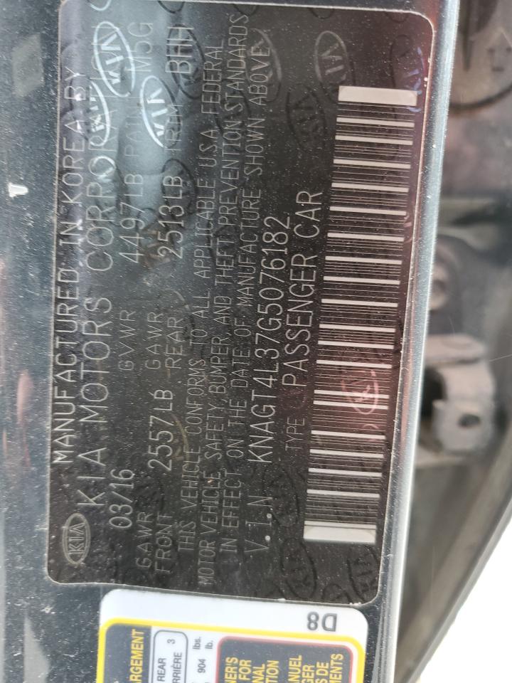 2016 KIA Optima VIN KNAGT4L37G5076182 Copart auction photo, front end damage thumbnail 12