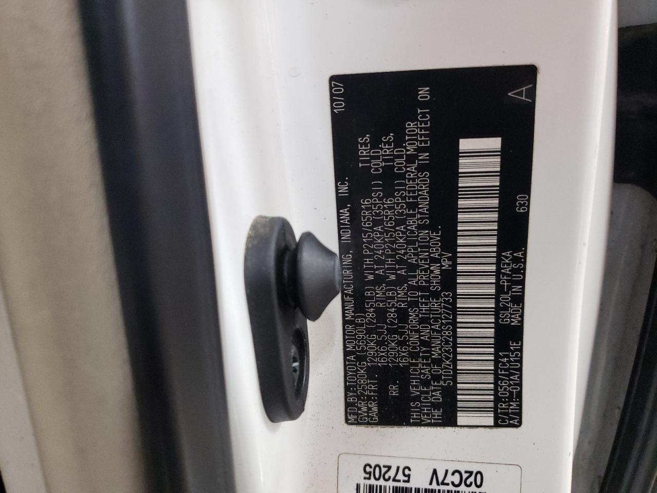 2008 Toyota Sienna VIN 5TDZK23C28S127733 Copart auction photo, burn damage thumbnail 13