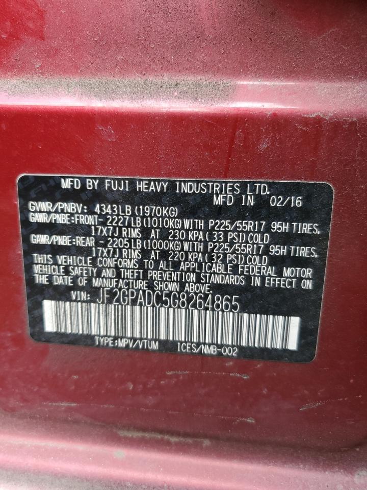 2016 Subaru XV VIN JF2GPADC5G8264865 Copart auction photo, rear end damage thumbnail 14