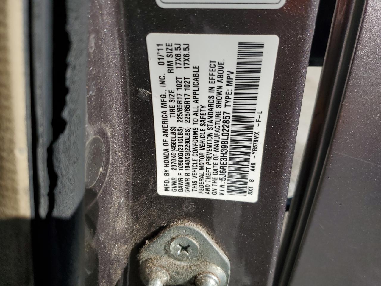 2011 Honda CR-V VIN 5J6RE3H39BL022857 Copart auction photo, front end damage thumbnail 13