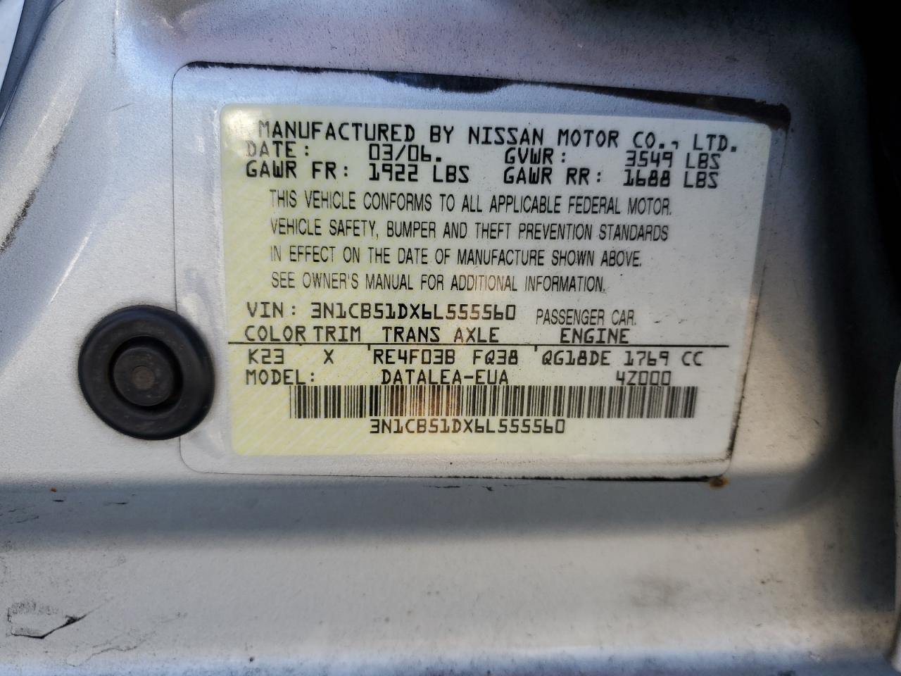 2006 Nissan Sentra VIN 3N1CB51DX6L555560 Copart auction photo, front end / side damage thumbnail 14