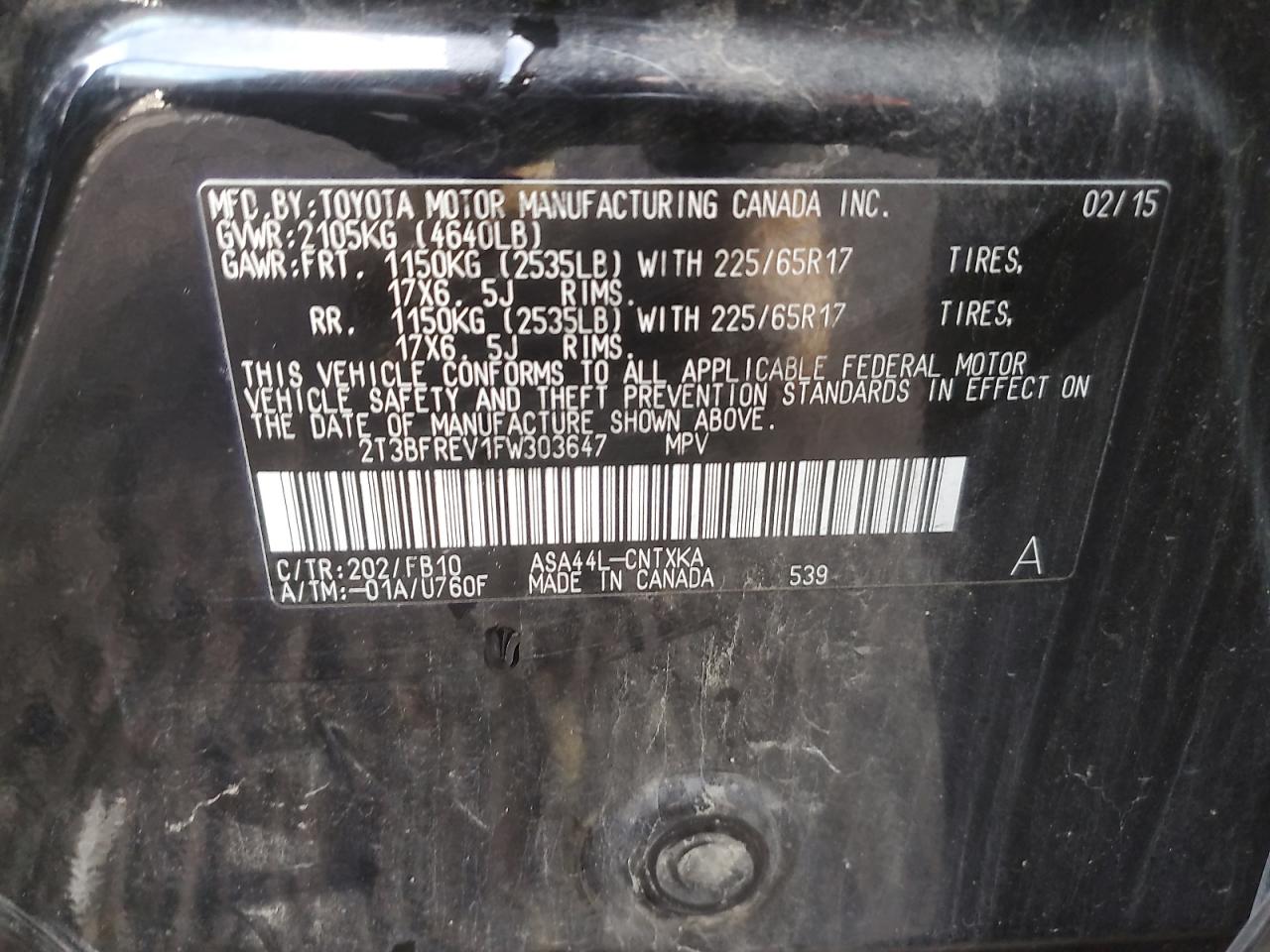 2015 Toyota RAV 4 VIN 2T3BFREV1FW303647 Copart auction photo, side / rear end damage thumbnail 12