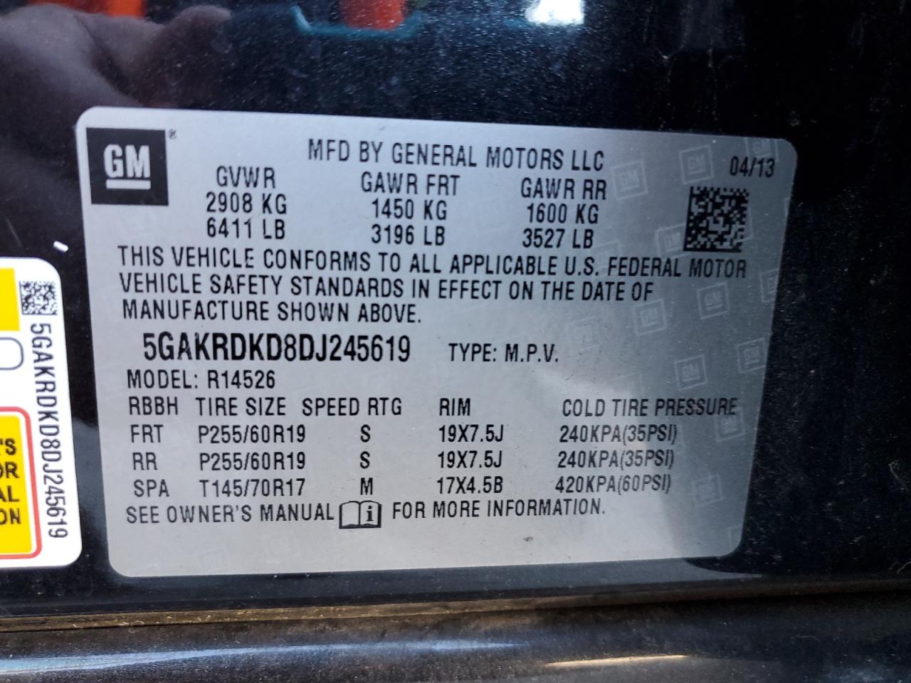 2013 Buick Enclave VIN 5GAKRDKD8DJ245619 Copart auction photo, front end damage thumbnail 13