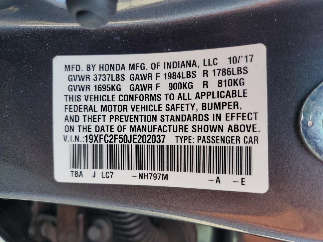 2018 Honda Civic VIN 19XFC2F50JE202037 Copart auction photo, front end / rear end damage thumbnail 13