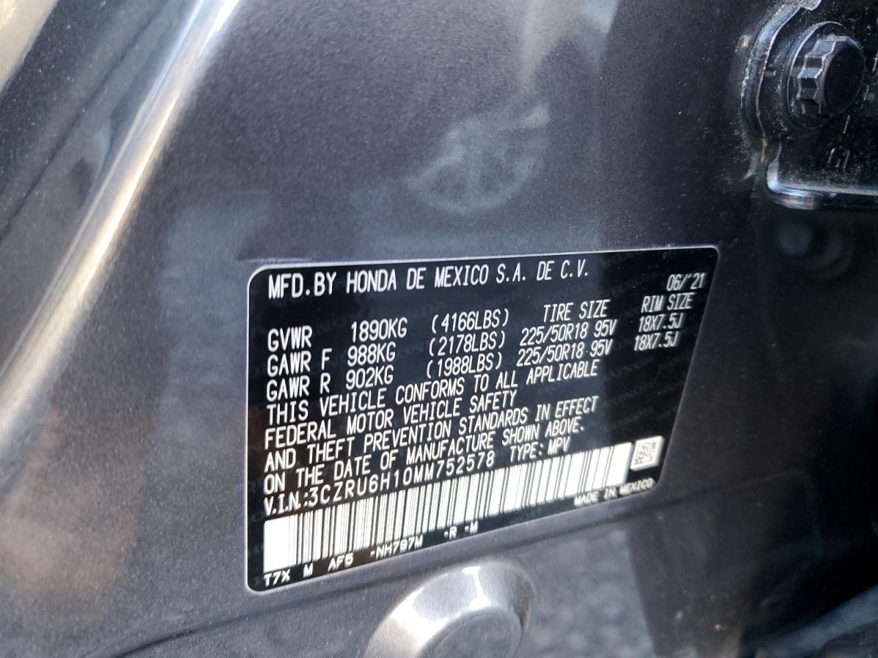 2021 Honda HR-V VIN 3CZRU6H10MM752578 Copart auction photo, front end damage thumbnail 13