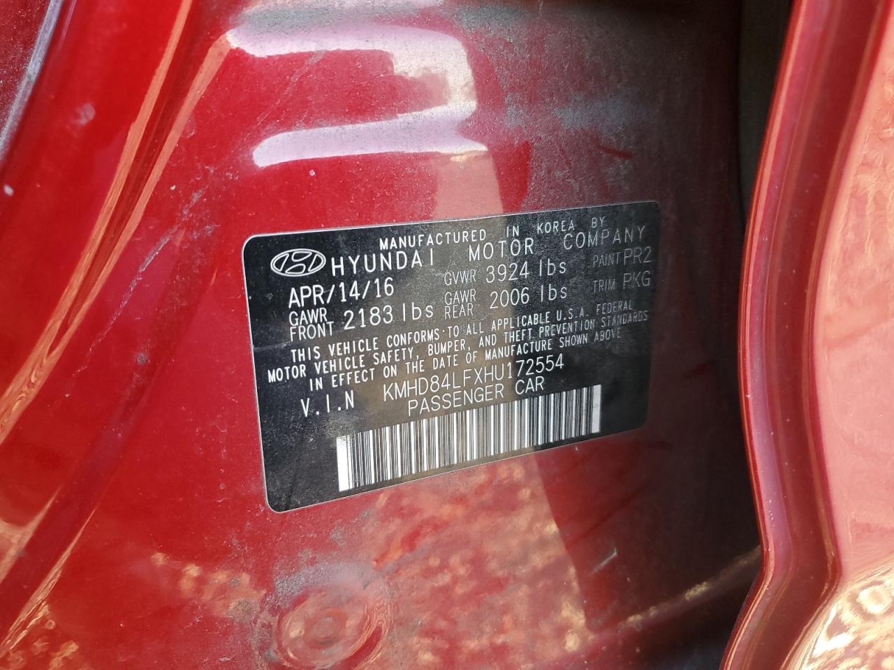 2017 Hyundai Elantra VIN KMHD84LFXHU172554 Copart auction photo, rear end damage thumbnail 12