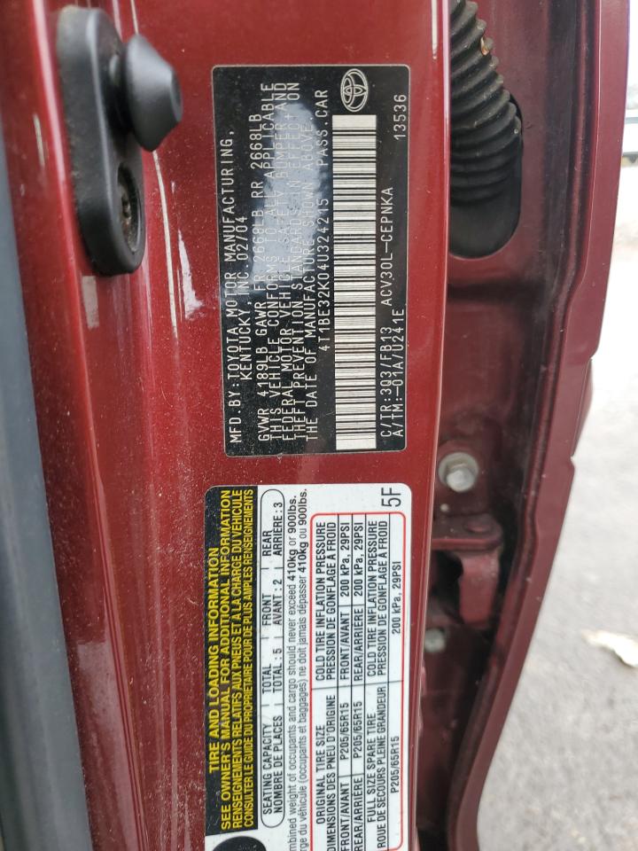 2004 Toyota Camry VIN 4T1BE32K04U324215 Copart auction photo, front end damage thumbnail 14