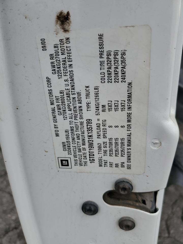 2001 GMC Sonoma VIN 1GTDT19W31K135789 Copart auction photo, stripped damage thumbnail 12