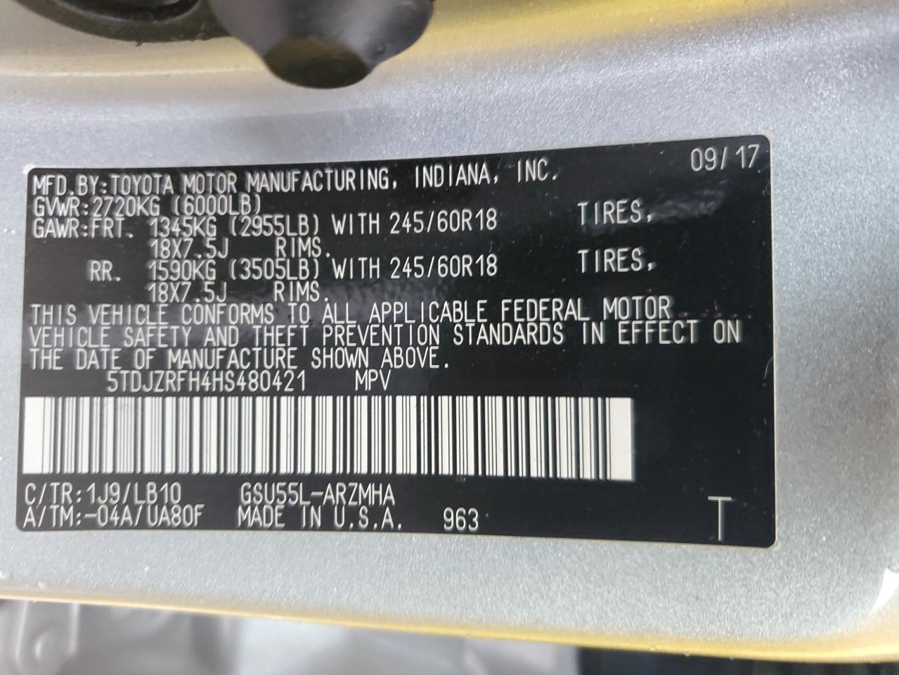 2017 Toyota Highlander VIN 5TDJZRFH4HS480421 Copart auction photo, front end damage thumbnail 16