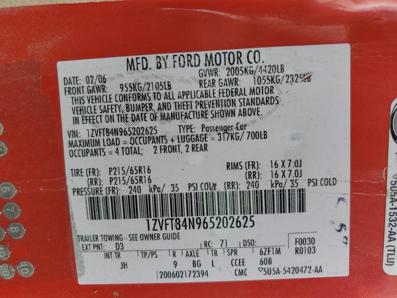 2006 Ford Mustang VIN 1ZVFT84N965202625 Copart auction photo, front end damage thumbnail 12