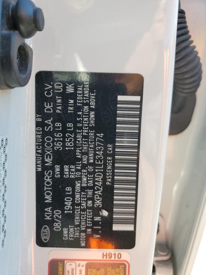 2020 KIA Rio VIN 3KPA24AD1LE343774 Copart auction photo, rear end damage thumbnail 12