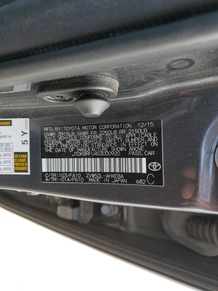 2016 Toyota Prius VIN JTDKBRFU4G3000920 Copart auction photo, front end / mechanical damage thumbnail 12
